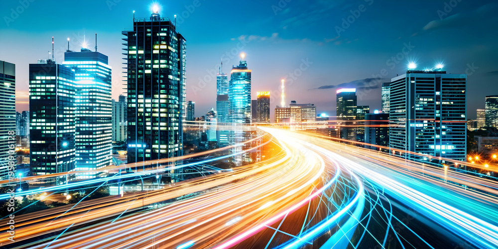 Obraz premium Aerial View of Glowing Abstract Data Streams in Digital Cityscape Symbolizing Urban Management and Technological Efficiency - Futuristic Urban Scene with Vibrant Lights and Modern Architecture in Phot