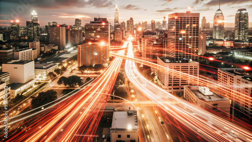 Glowing Abstract Data Streams Transforming a Digital Cityscape: Symbolizing Urban Management and Technological Efficiency - Aerial View of Vibrant Lights and Futuristic Architecture in Photo Stock Con