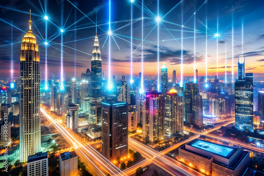 Obraz premium Vibrant Digital Cityscape: Glowing Abstract Data Streams Symbolizing Urban Management and Technological Efficiency - Aerial View of Futuristic Architecture in Photo Stock Concept