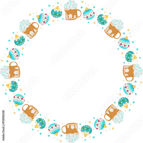 Christmas mug with drink frame illustration on transparent background. 