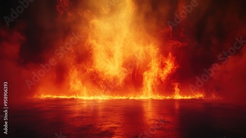 Dramatic fire and smoke effect glowing red and yellow colors burning the floor with text space. Vivid and hot hell abstract or blazing fire background or wallpaper