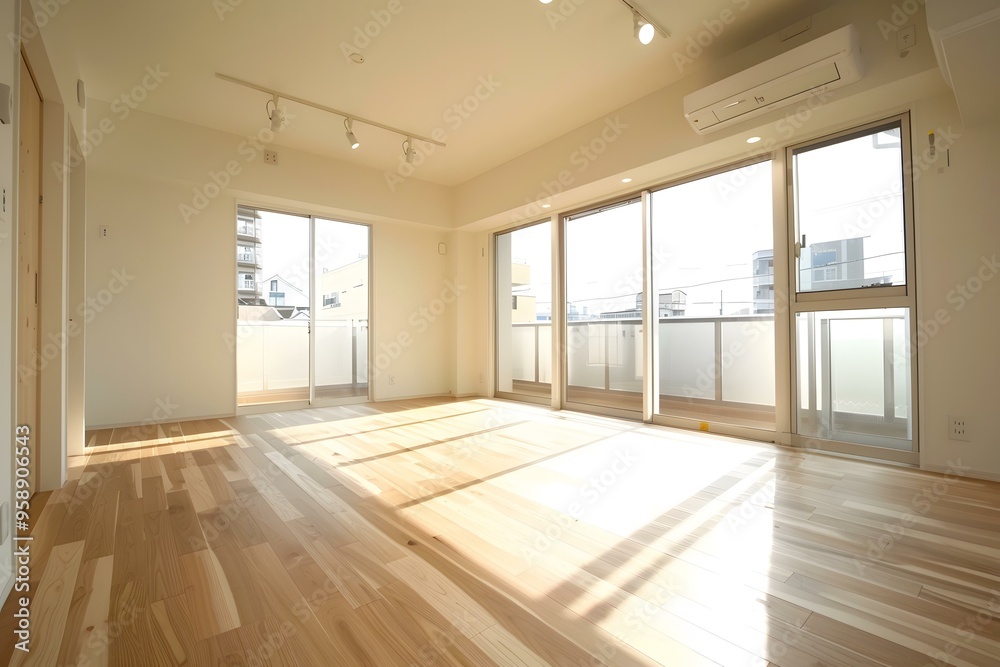 Empty Modern Living Room With Wooden Floor And Balcony Empty Modern Living Room With Wooden Floor And Balcony