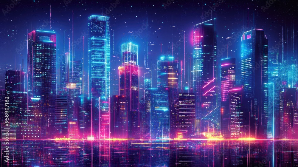 Abstract digital high-tech cityscape with panoramic view of neon-lit urban buildings and futuristic architectural designs.