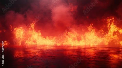 Dramatic fire and smoke effect glowing red and yellow colors burning the floor with text space. Vivid and hot hell abstract or blazing fire background or wallpaper