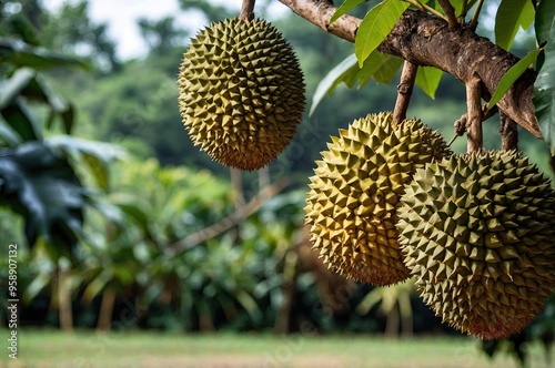 Durian fruits hanging on a tree, with green leaves in the background