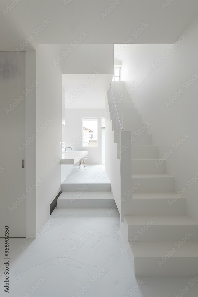 Fototapeta premium Modern Minimalist White Interior Design with Staircase and Kitchen Counter