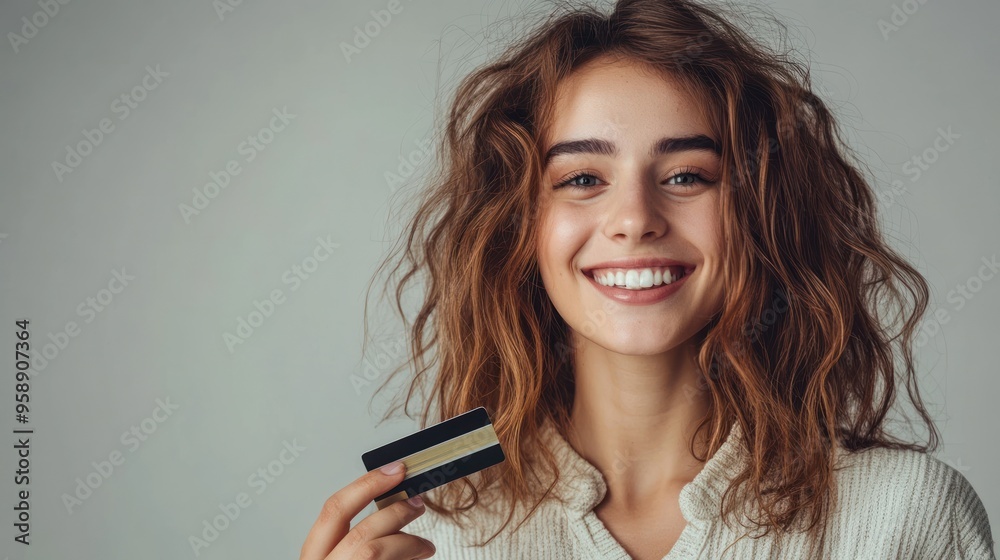 Smiling woman holding a credit card Smiling woman holding a credit card