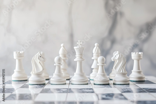 A Silent Strategy: White chess pieces stand poised on a minimalist marble board, ready to engage in a battle of wits.