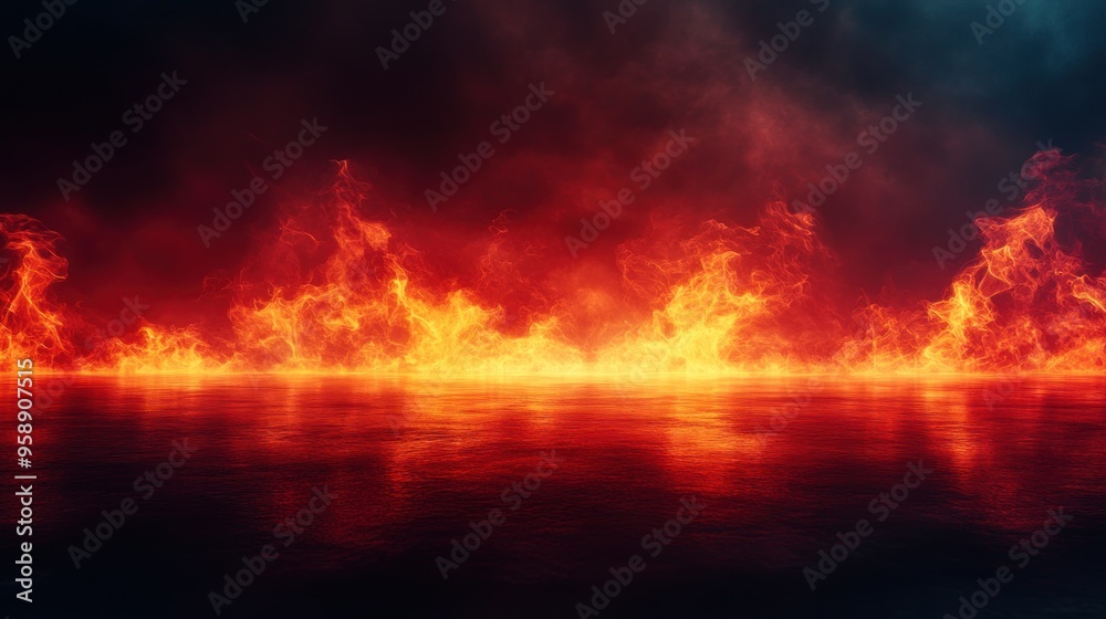 Dramatic fire and smoke effect glowing red and yellow colors burning the floor with text space. Vivid and hot hell abstract or blazing fire background or wallpaper Dramatic fire and smoke effect glowing red and yellow colors burning the floor with text space. Vivid and hot hell abstract or blazing fire background or wallpaper