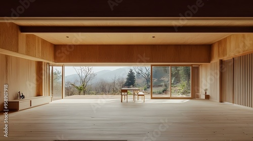 Minimalist Japanese Home Interior With View Of Mountains And Forest