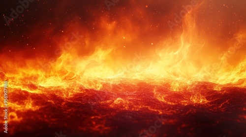 Dramatic fire and smoke effect glowing red and yellow colors burning the floor with text space. Vivid and hot hell abstract or blazing fire background or wallpaper