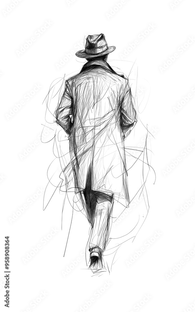 Mysterious noir private detective man walking away. Full view. Sketch doodle style. Transparent background PNG. With trench coat and fedora. Retro vintage Investigator. Mysterious noir private detective man walking away. Full view. Sketch doodle style. Transparent background PNG. With trench coat and fedora. Retro vintage Investigator.