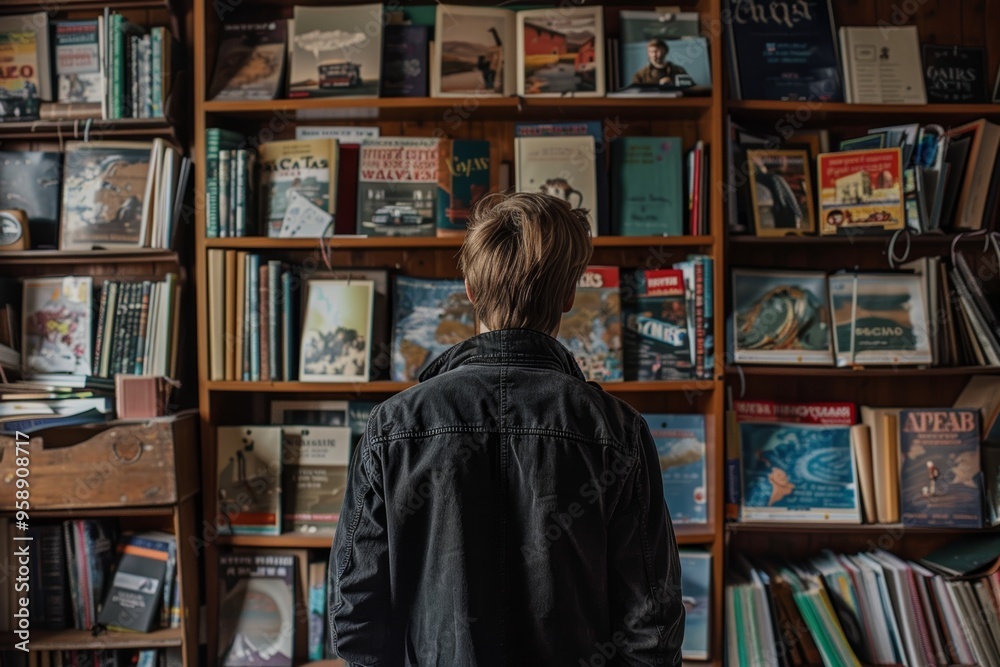 Person Gazing at Bookshelf Filled with Travel Guides and Photo Albums, Symbolizing Wanderlust and Reflection Person Gazing at Bookshelf Filled with Travel Guides and Photo Albums, Symbolizing Wanderlust and Reflection