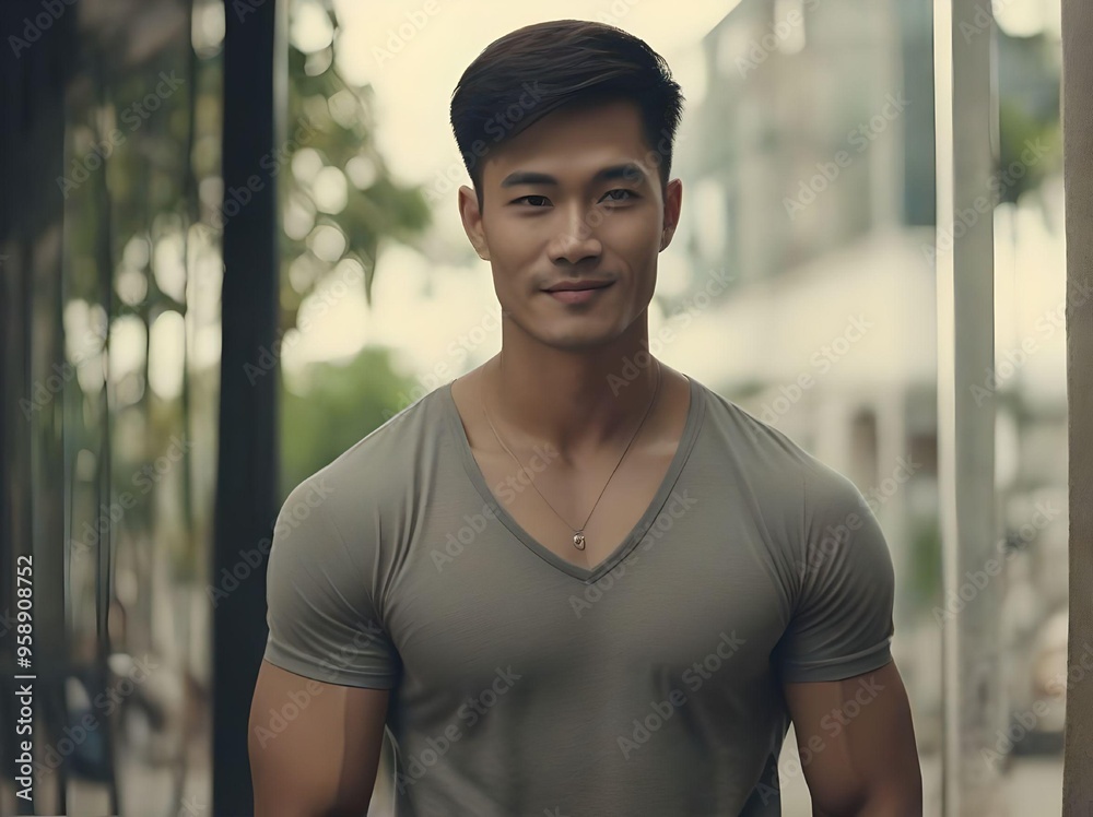 Good Looking Asian Man with Muscular Body Wearing V Neck T-shirt Looking at Camera and Smiling in The City Portrait