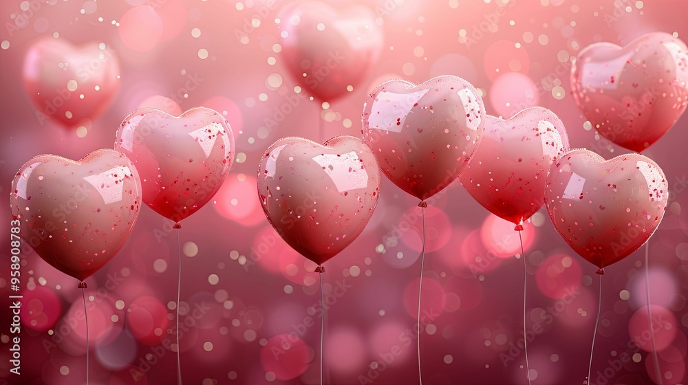 Pink Heart-Shaped Balloons with Confetti on a Pink Bokeh Background Pink Heart-Shaped Balloons with Confetti on a Pink Bokeh Background