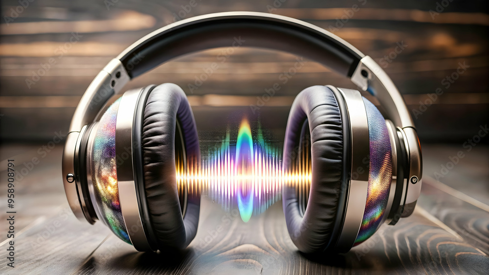 Immersive Audio Experience: Headphones with Holographic Sound Waves, Technological Innovation Concept on White Background with Copy Space Immersive Audio Experience: Headphones with Holographic Sound Waves, Technological Innovation Concept on White Background with Copy Space