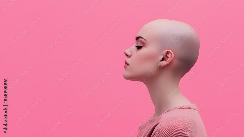 A bald woman with a pink background, wearing a pink top with her head tilted down and eyes closed. A bald woman with a pink background, wearing a pink top with her head tilted down and eyes closed.