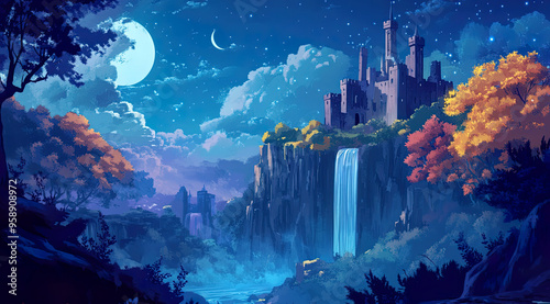 Fantasy landscape with architecture in a painted style.