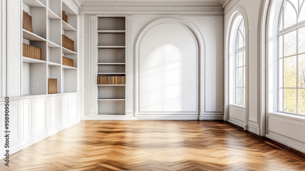 Obraz premium A bright, empty room with wooden flooring and bookshelves, ideal for reading or relaxation.