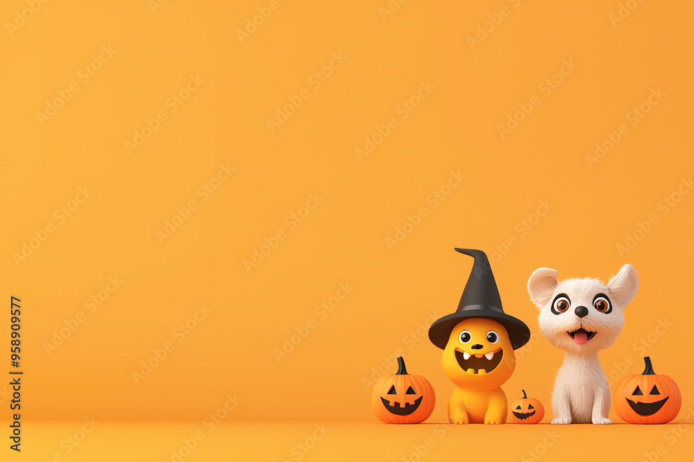 Cute dog with Halloween pumpkins and witch hat on an orange background, perfect for festive decorations. Cute dog with Halloween pumpkins and witch hat on an orange background, perfect for festive decorations.