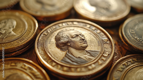 Close-up of various coins with a prominent one featuring a profile portrait.