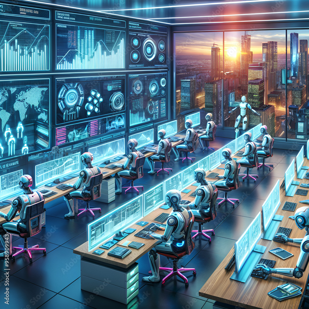 Obraz premium High technology with robots working in all sectors of society, offices, rooms, airports, analyzing graphics on displays, in futuristic cities.