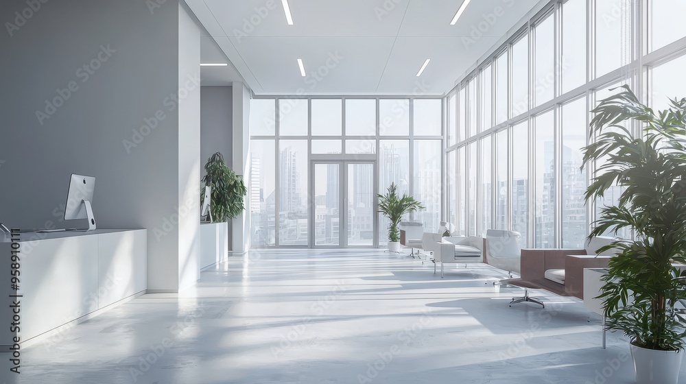 Modern office lobby with white walls, large windows, and city views. Comfortable seating area with plants. Modern office lobby with white walls, large windows, and city views. Comfortable seating area with plants.