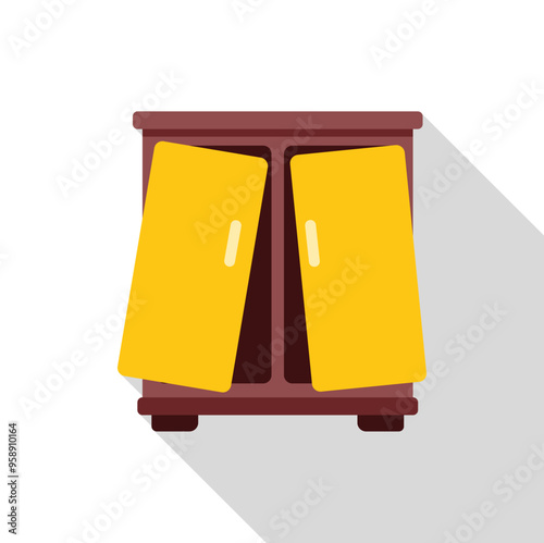 Simple cartoon style icon of a wooden cabinet with open doors, revealing empty shelves inside