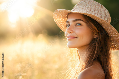 A woman wearing a straw hat is smiling in a field