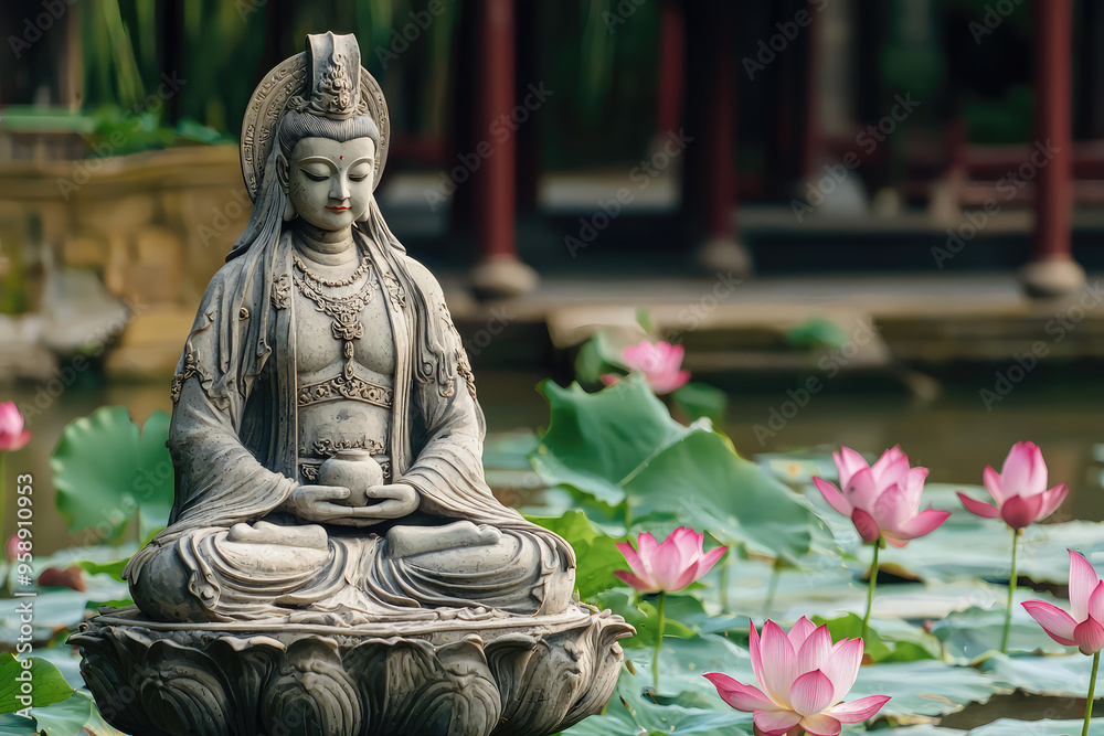Guanyin, the Goddess of Mercy, meditates amidst a serene lotus pond, embodying peace and tranquility in a temple garden. Guanyin, the Goddess of Mercy, meditates amidst a serene lotus pond, embodying peace and tranquility in a temple garden.