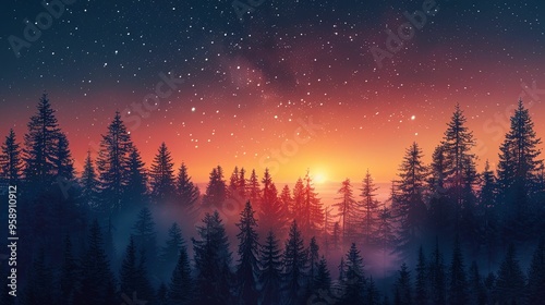 Silhouetted Evergreen Forest Against a Starry Sunset Sky