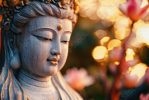 A Moment of Tranquility: The Serene Gaze of Guanyin, Goddess of Mercy. photo