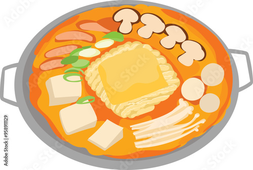 Cartoon kimchi soup illustration on transparent background.
