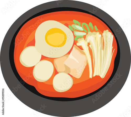 Cartoon kimchi soup illustration on transparent background.
