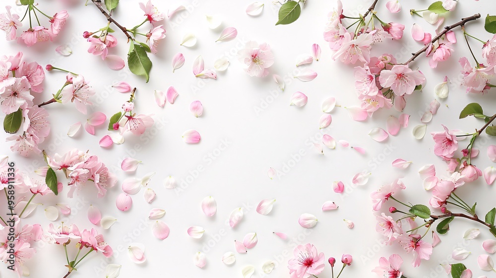 Fototapeta premium Beautiful spring cherry blossoms and petals on white background