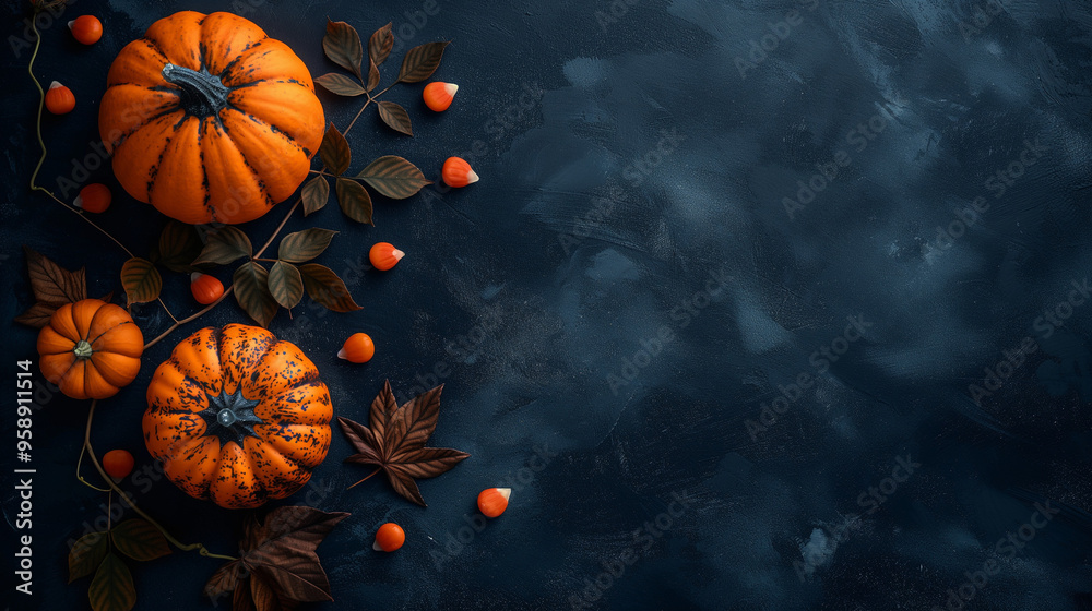 Party of pumpkins and zombies in moonlight. Symbol of Halloween on dark background. Top view. Copy space for text. Generative ai illustration.