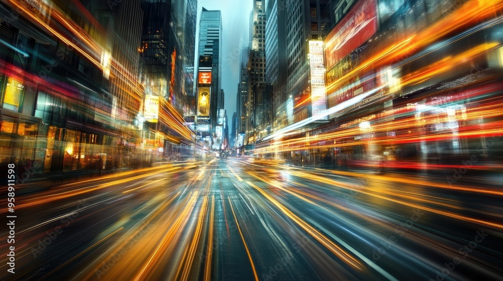Abstract motion light patterns weaving through a city background, illustrating a blend of energy, speed, and urban ambiance.