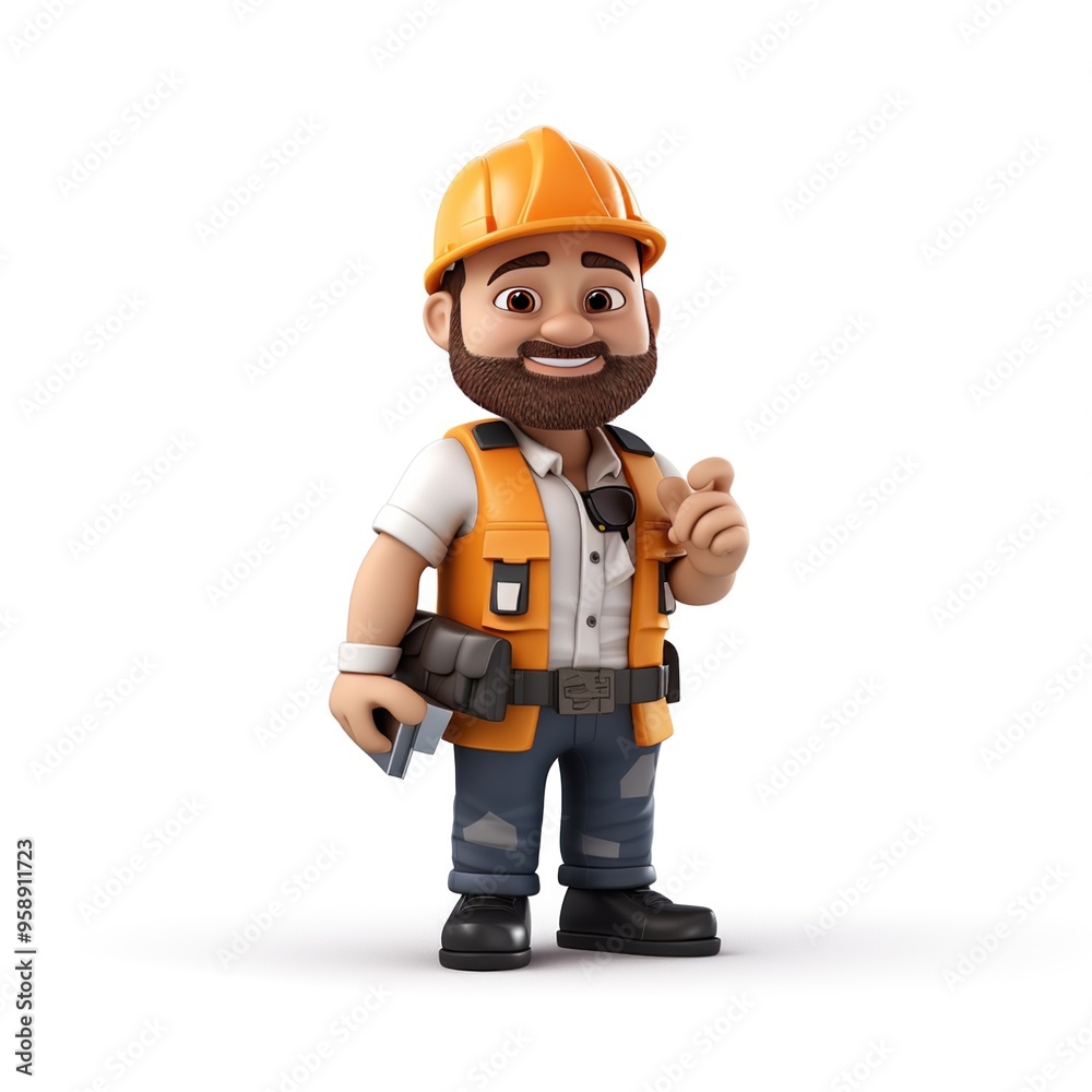 3D Cartoon Construction Worker Character with hard hat, tools, friendly smile, and ready to work 3D Cartoon Construction Worker Character with hard hat, tools, friendly smile, and ready to work