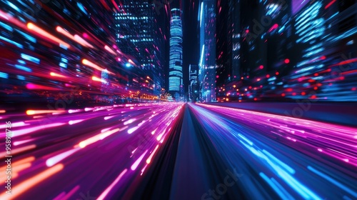 Abstract motion light trails against a city backdrop, blending neon colors and dynamic movement for a futuristic urban scene.