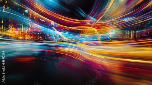 Abstract motion light trails blending with a vibrant city background, creating a dynamic and futuristic urban scene.