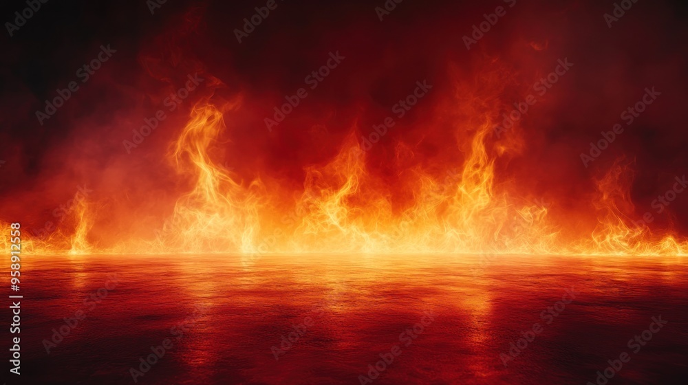 Dramatic fire and smoke effect glowing red and yellow colors burning the floor with text space. Vivid and hot hell abstract or blazing fire background or wallpaper Dramatic fire and smoke effect glowing red and yellow colors burning the floor with text space. Vivid and hot hell abstract or blazing fire background or wallpaper