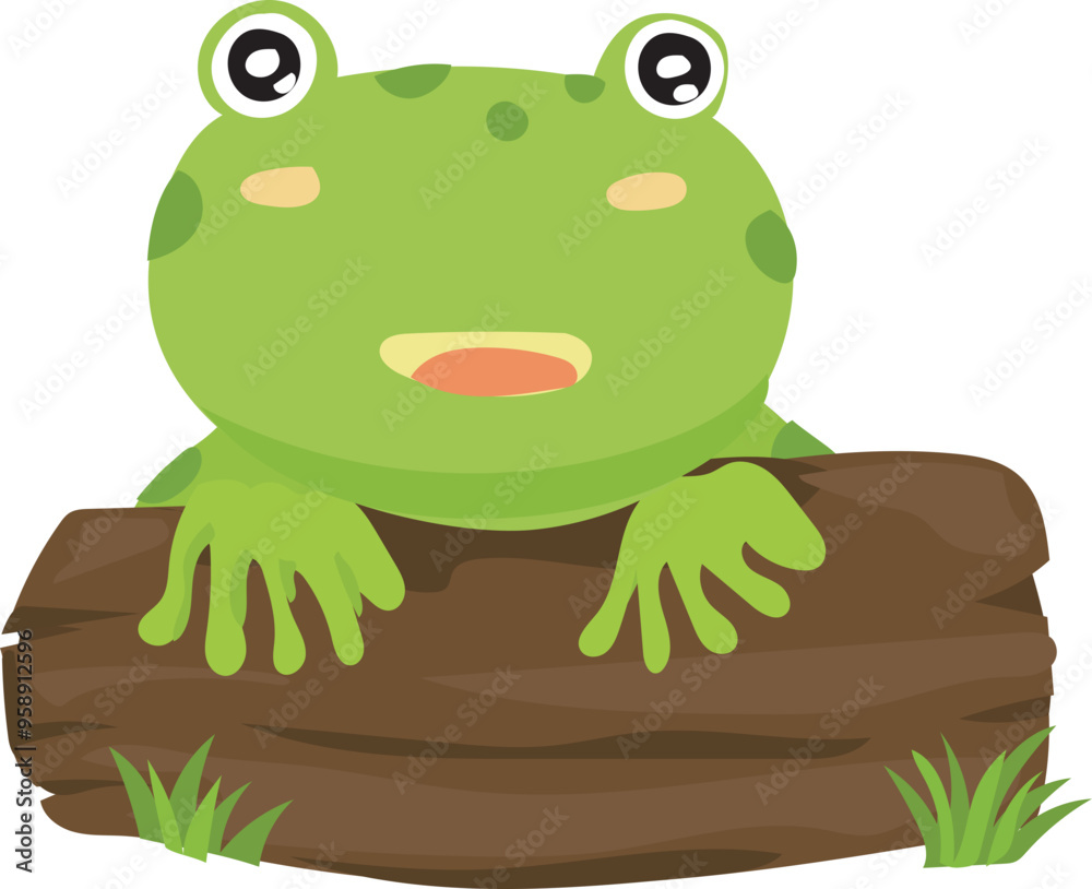 Fototapeta premium Cartoon cute frog illustration on transparent background. 