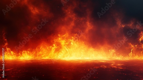 Dramatic fire and smoke effect glowing red and yellow colors burning the floor with text space. Vivid and hot hell abstract or blazing fire background or wallpaper