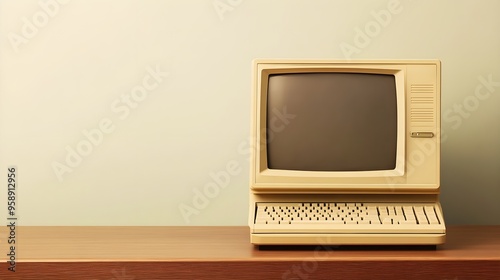 A vintage desktop computer with a bulky monitor and keyboard, placed on a wooden desk against a light solid color background