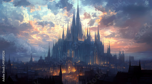 Fantasy landscape with architecture in a painted style.
