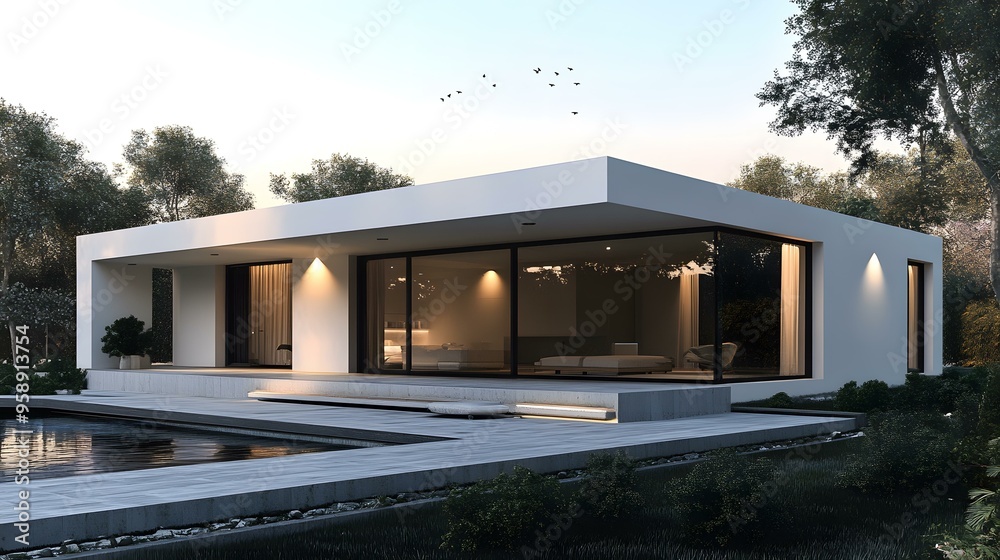 Fototapeta premium Modern Minimalist House with Swimming Pool and Trees