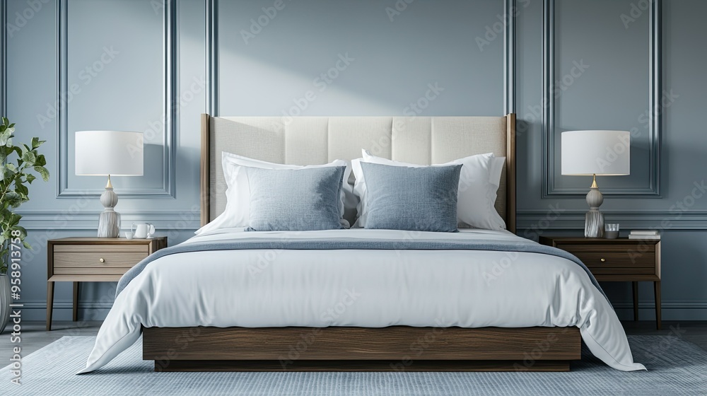 Elegant bed with a stylish headboard, two nightstands, and lamps, with space for copy. Elegant bed with a stylish headboard, two nightstands, and lamps, with space for copy.
