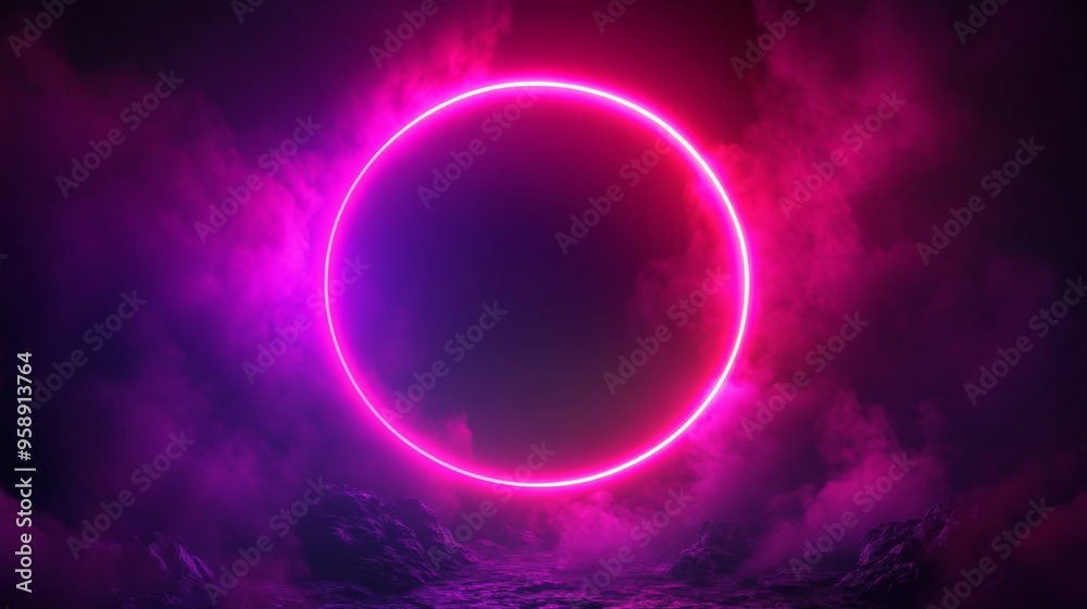 Futuristic neon glowing circle amidst foggy landscape Futuristic neon glowing circle amidst foggy landscape