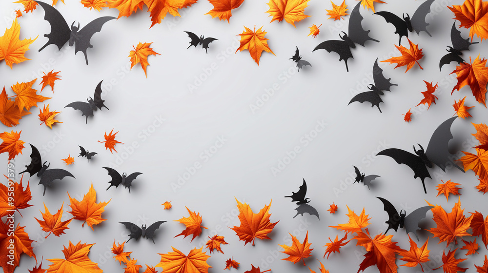 Obraz premium Halloween decorations with symbol of Halloween on white background. Top view. Copy space for text. Generative ai illustration.