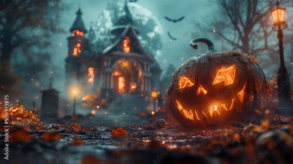 Halloween Scene, Party of pumpkins and zombies in moonlight. Contain Moon 3D rendering, deformed and church with reassembled parts. Generative ai illustrations. Halloween Scene, Party of pumpkins and zombies in moonlight. Contain Moon 3D rendering, deformed and church with reassembled parts. Generative ai illustrations.